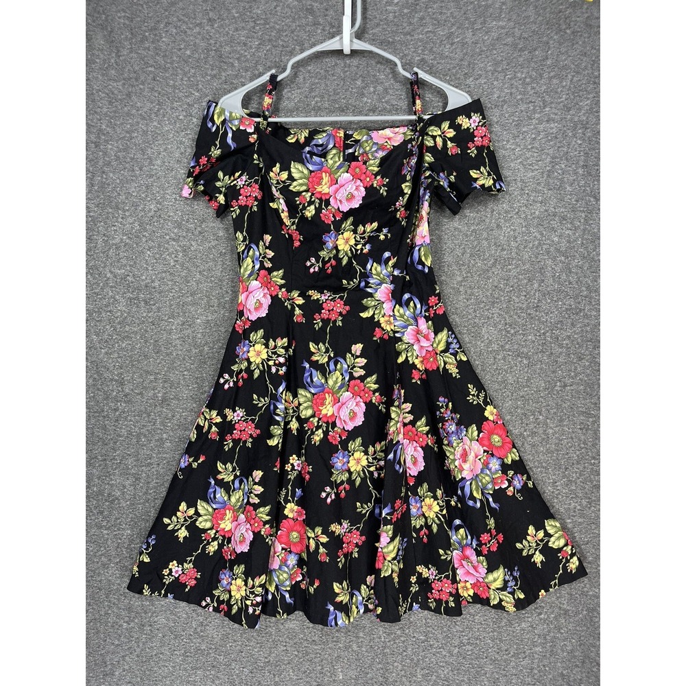 Vintage Incognito Dress Women's 11/12 Cotton Black Floral Off The Shoulder 90s
